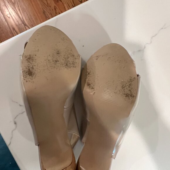 GUESS Nude Patent Slingback Peep Toe Cork Heels | Size 8.5 - Picture 8 of 8